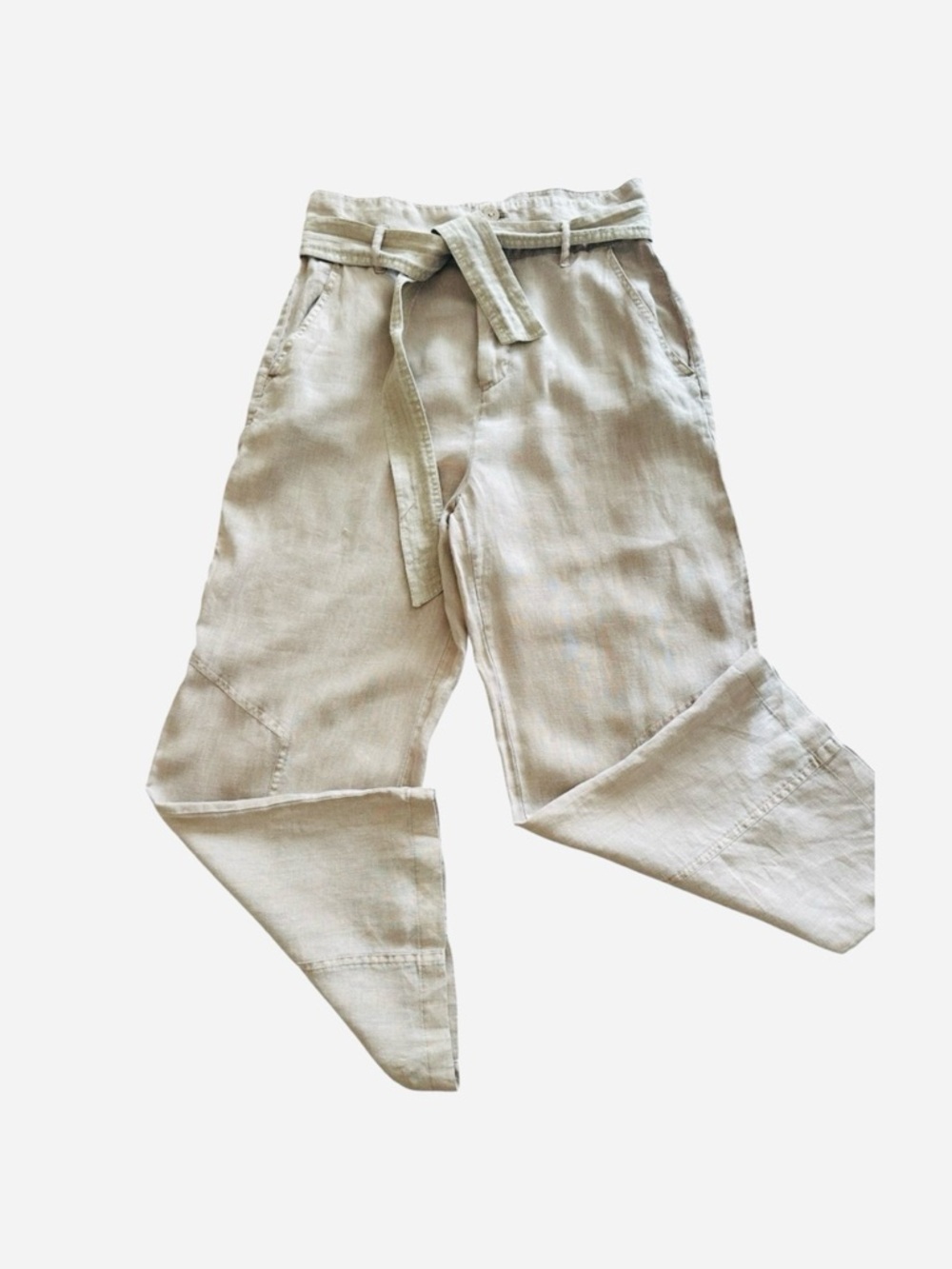 Nicole Miller 100% Linen Pants ~Beige Belted High Rise Cropped Wide Leg size 4